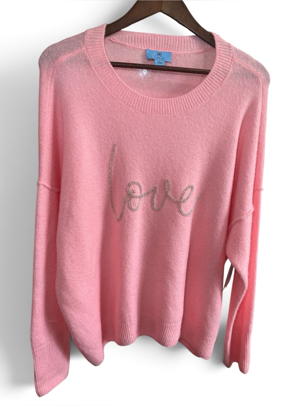 Cece’s Pastel Pink Silver Love Graphic Soft Stretchy Oversized Sweater Nwt Sz L